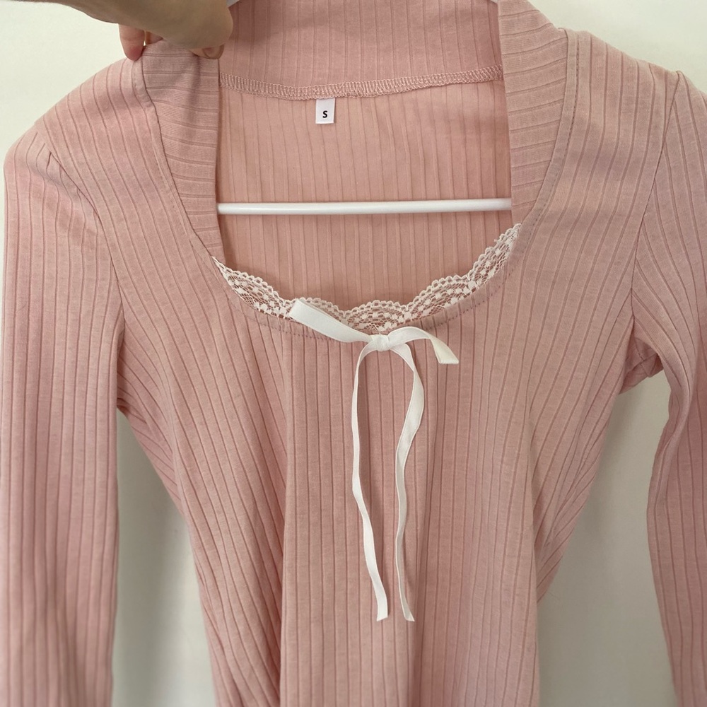 Coquette Pink Ribbed Long Sleeve Top with Lace Trim